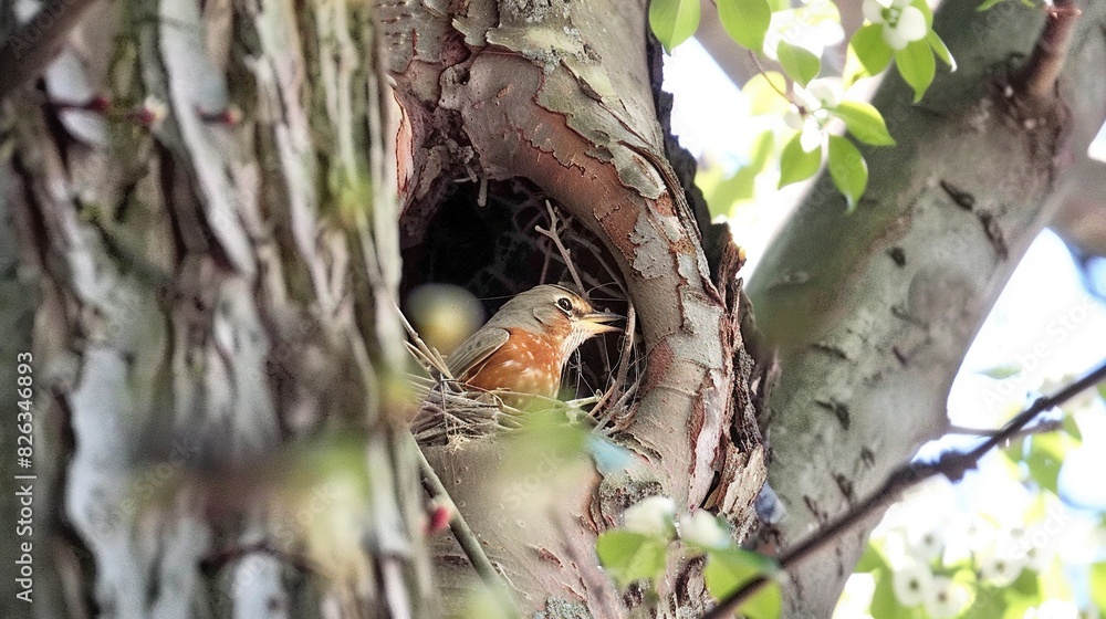 Obraz premium A little bird resides in a cozy nest within a tree trunk growing from another tree trunk