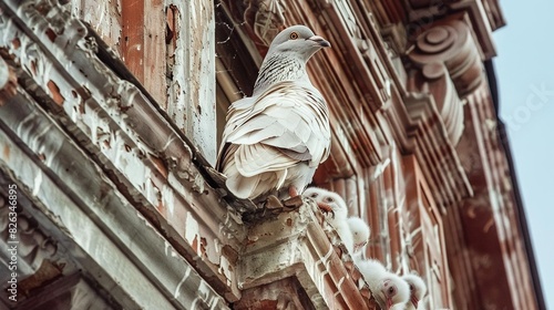   A majestic white bird perched atop a red-brick structure, adjacent to a clock-tower