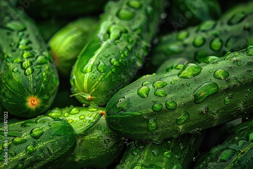 Close-up of cucumbers with water droplets. Perfect for food and health-related designs