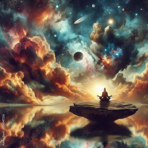 Surreal image of a person meditating on a floating rock in a dreamlike cosmic environment with planets and nebulae reflected in water.. AI Generation