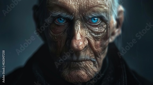 intriguing aigenerated portrait of elderly person with piercing blue eyes fictional character concept © furyon