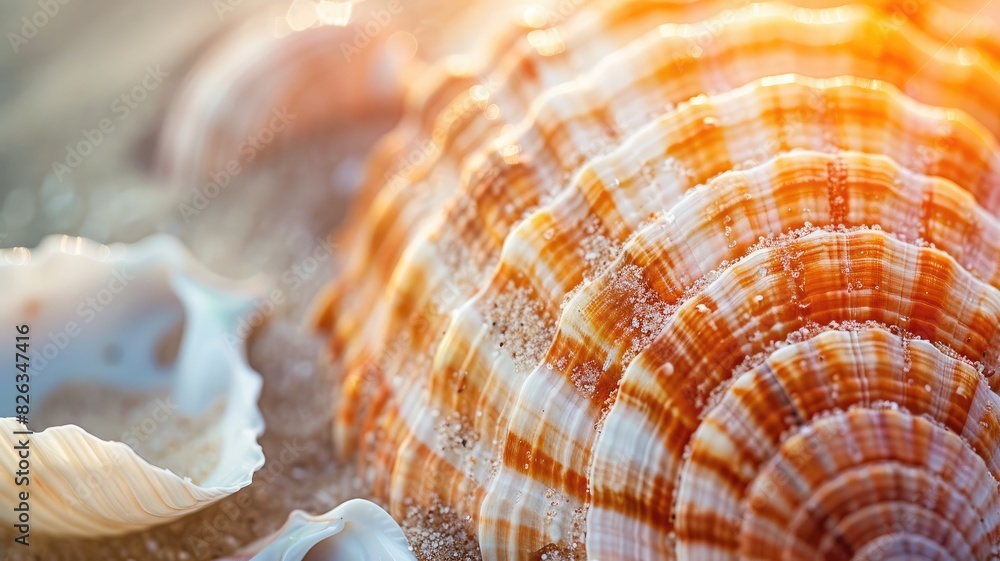 Close-up of seashells on sandy beach at sunset, focusing details and textures Close-up of seashells on sandy beach at sunset, focusing details and textures