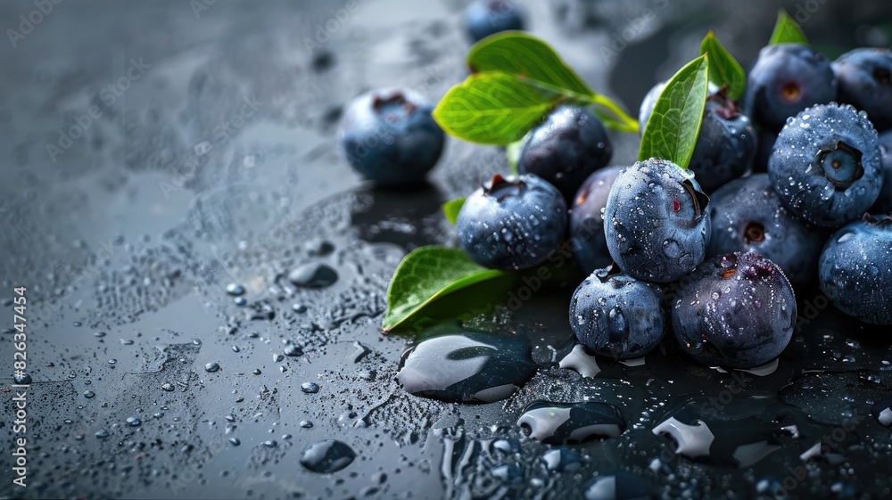 Fresh blueberries with leaves on wet surface Fresh blueberries with leaves on wet surface