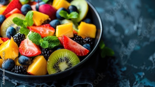 Vibrant fruit salad with strawberries  kiwi  blueberries  and mint