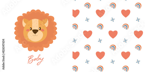 Seamless childish pattern with a lion.Great for baby fabric, textiles, wallpaper, postcards. Vector illustration for posters, T-shirt print.
