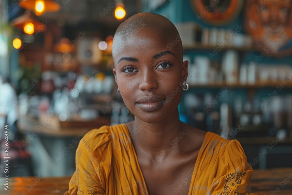 beautiful black bald woman in orange dress sitting in cafe, portrait beautiful black bald woman in orange dress sitting in cafe, portrait