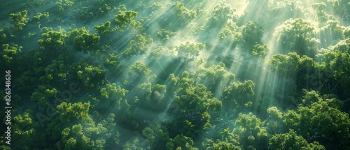 Awe-inspiring aerial view of a lush, ancient forest, sunlight filtering through the canopy to the forest floor below photo