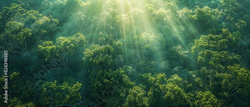Awe-inspiring aerial view of a lush, ancient forest, sunlight filtering through the canopy to the forest floor below