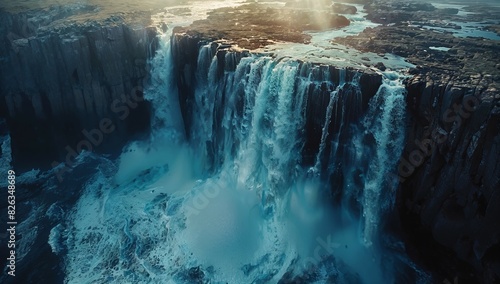 Dramatic aerial shot of a thundering, multi-tiered waterfall plummeting over sheer, rugged cliffs photo