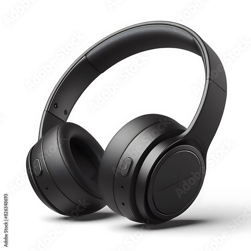 Black colour headphones on the table with white background. Generative AI