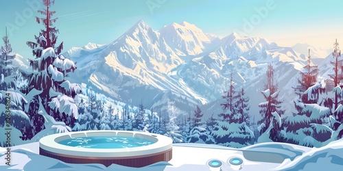 winter scene a wooden deck hosts an outdoor hot tub filled with steaming water. The tub’s inviting warmth contrasts beautifully