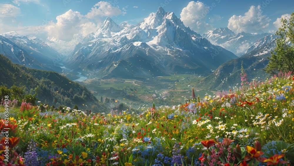 Sweeping aerial view of lush alpine meadow blanketed in wildflowers, towering snow-capped peaks in the distance Sweeping aerial view of lush alpine meadow blanketed in wildflowers, towering snow-capped peaks in the distance
