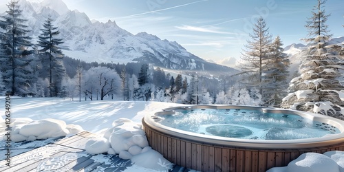 winter scene a wooden deck hosts an outdoor hot tub filled with steaming water. The tub’s inviting warmth contrasts beautifully