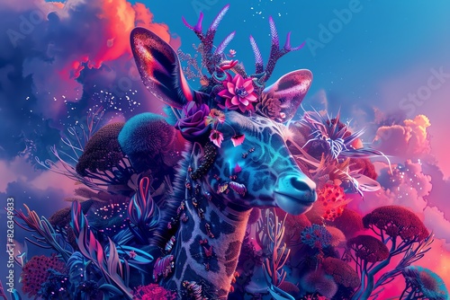 Design a vibrant 3D image featuring animals in fashionforward futuristic attire, with magical and fantasy touches, focus on, surreal, overlay, mythical landscape backdrop © Dadee