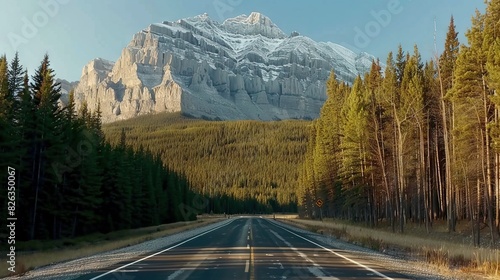  Road through forest with snow-capped mountain, tree-lined surroundings