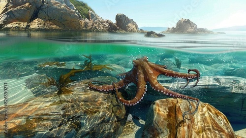   Octopus perched atop rock by water's edge, surrounded by rocks and vegetation photo