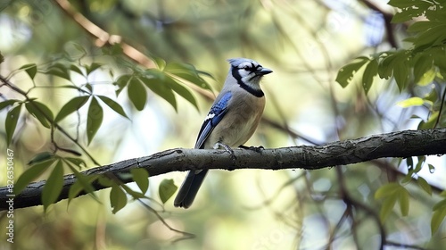   Blue jay perched on green leafed tree branch against azure sky