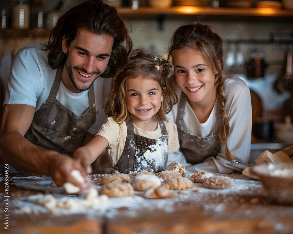 Fototapeta premium Family Bonding Through Homemade Cookie Baking Session with Kids Learning Culinary Skills
