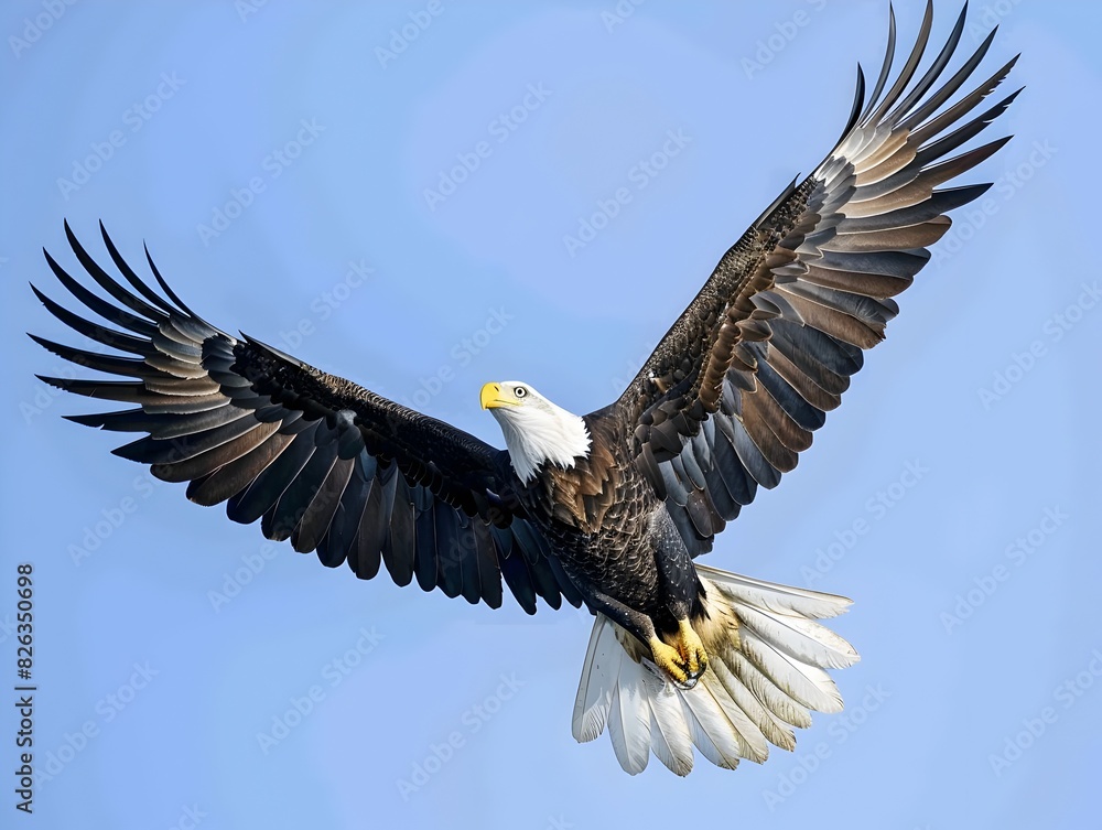 Fototapeta premium Majestic Bald Eagle Soaring Gracefully in Clear Blue Sky Embodying Power and Freedom of Wildlife