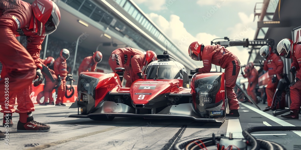 a pit stop during a car racing event, there’s a sleek race car, likely a high-performance vehicle a pit stop during a car racing event, there’s a sleek race car, likely a high-performance vehicle