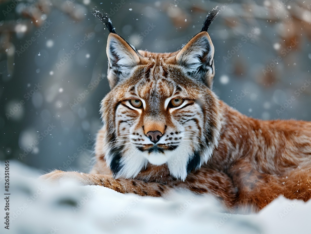 Obraz premium Majestic Lynx Surveying Snowy Forest Landscape Watchful and Cautious Predator in Serene Winter Wilderness