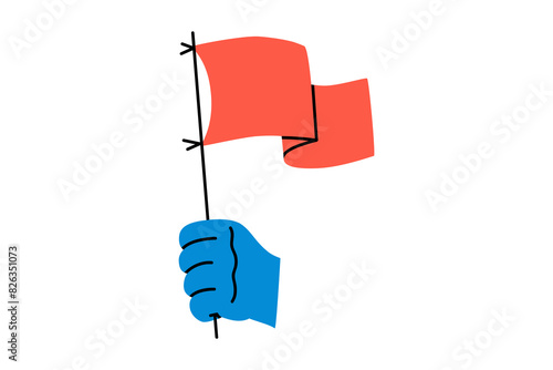 Hand drawn cute cartoon illustration of hand with red flag. Flat vector achievement or victory sticker in colored doodle style. Challenge success icon. Protest, danger, aggression sign. Isolated.