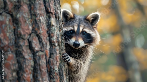 Mischievous Raccoon Peeking Curiously from Behind Tree Trunk in Lush Forest © Thares2020
