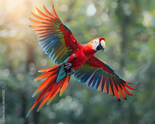 Majestic Macaw Soaring Through the Lush Rainforest Canopy © Thares2020