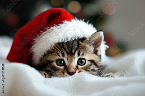 Cute tabby kitten with a festive santa hat lying on a soft white blanket