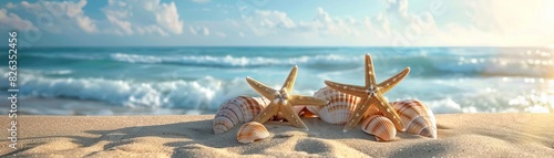 A detailed view of a tranquil beach where starfish and seashells are nestled in the sand  creating a peaceful and inviting scene