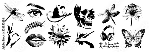 Skull, eyes, butterfly, dragonfly, lips, mouth, headphones, chains, cowboy hat with ink effect. Elements in the style of halftones for creating collages, templates, retro Y2K. Vector.