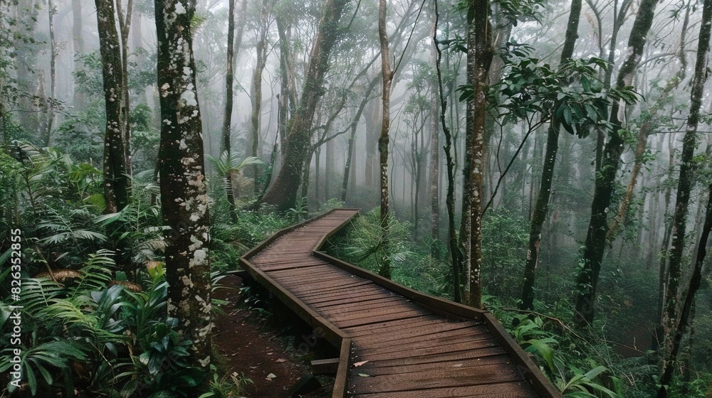 Obraz premium A wooded trail meandering through a lush green landscape with towering trees and abundant flora on either side