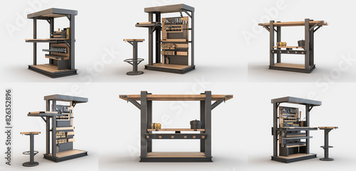 High-quality 3D render of a minimalist tool stand, viewed from various angles. Realistic mockup for modern setups.