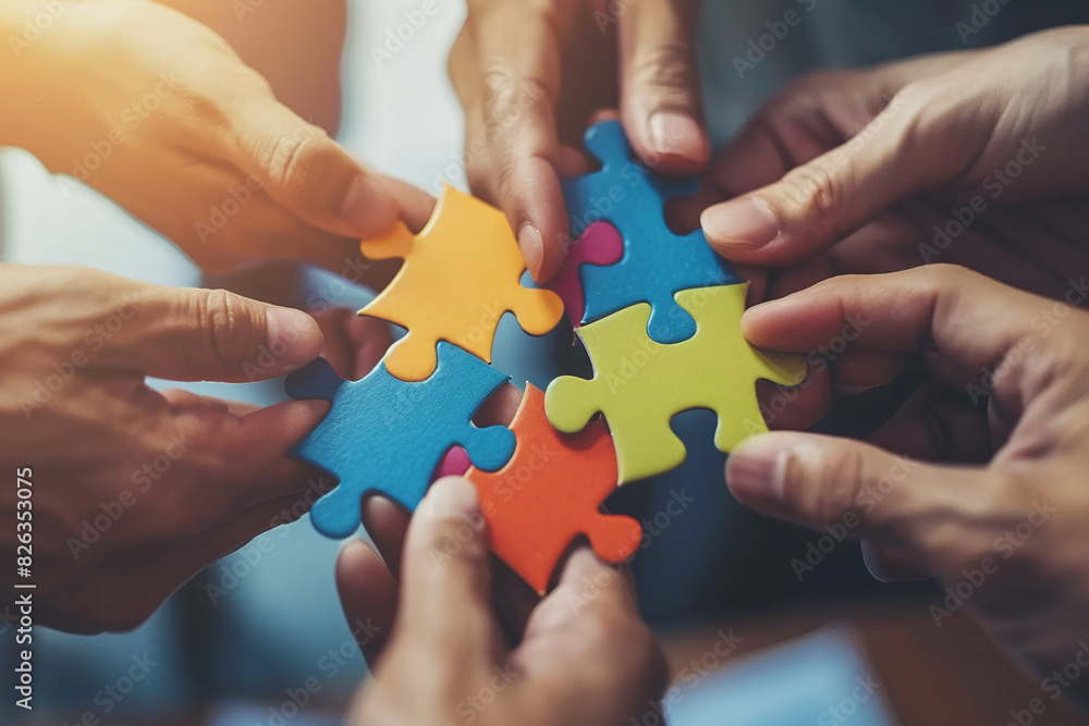 People are trying to put together a color puzzle. Team building concept. Teamwork. Photo from above People are trying to put together a color puzzle. Team building concept. Teamwork. Photo from above