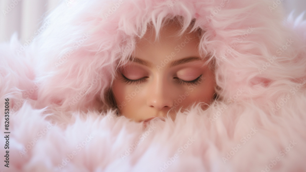 Closeup of a woman wearing a fluffy, pink eye mask, lying on a crisp white bed in a bright room. Closeup of a woman wearing a fluffy, pink eye mask, lying on a crisp white bed in a bright room.