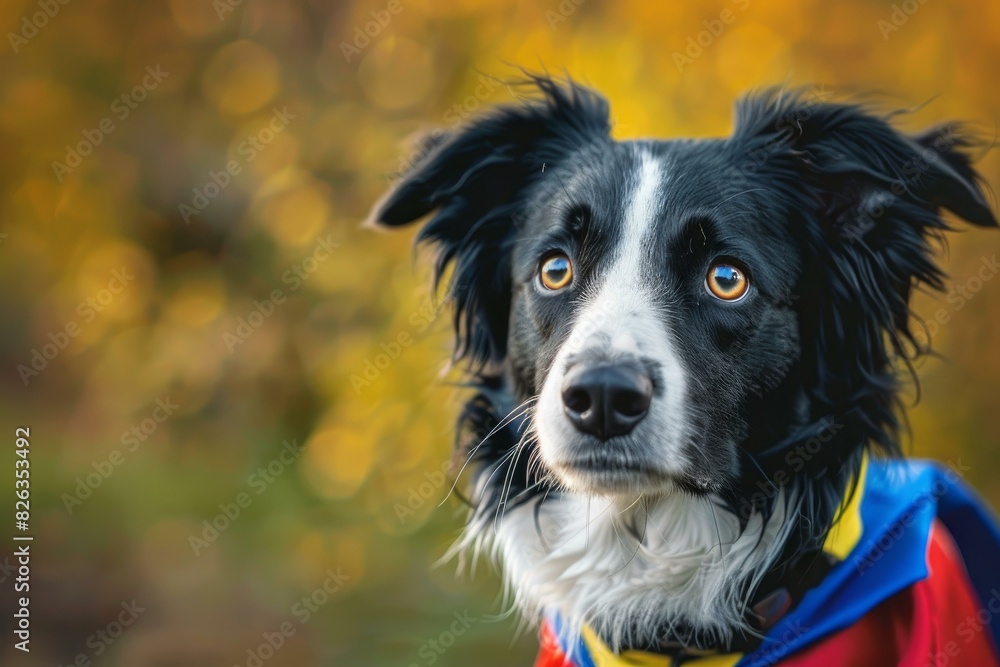 Black and white border collie donning a colorful coat against a golden autumnal backdrop