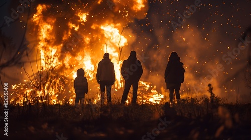 Dramatic Bonfire with Silhouetted Figures Watching Effigy Burn During Holiday Festivities photo