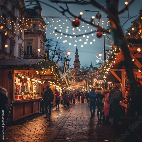 Festive Christmas Market in Vibrant City Square with Twinkling Lights and Bustling Crowds