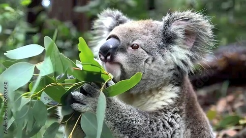  a koala on a tree branch surrounded by lush foliage and a softly blurred background
