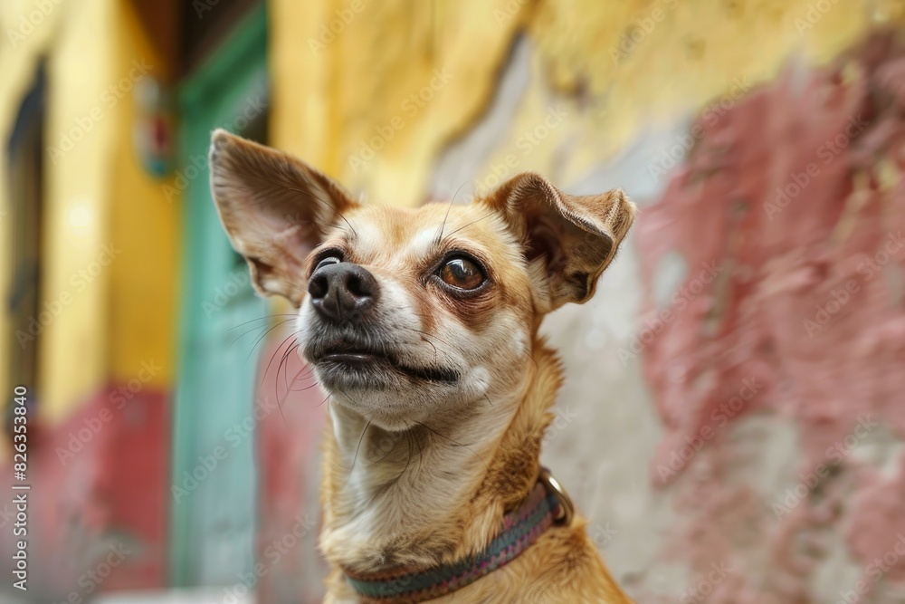 Closeup of a curious chihuahua dog against a colorful, rustic street wall