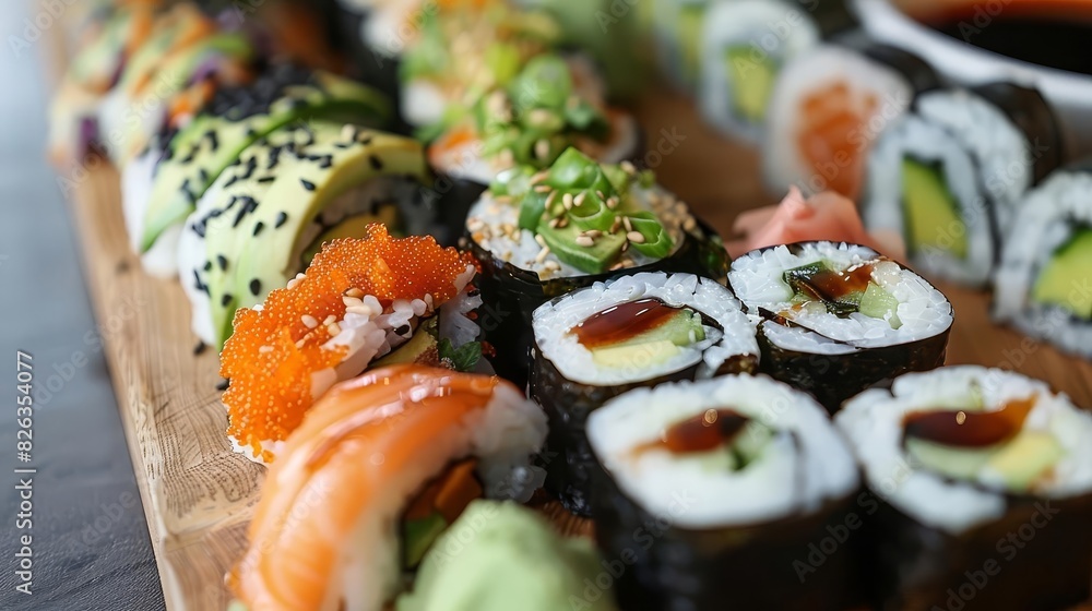 Gourmet vegan sushi platter featuring vegetable rolls, avocado, and soy sauce, presented on a stylish wooden board, detailed and appetizing Gourmet vegan sushi platter featuring vegetable rolls, avocado, and soy sauce, presented on a stylish wooden board, detailed and appetizing