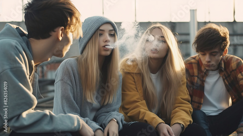 Four young individuals sitting and relaxing together  one person is exhaling vapor from an e-cigarette