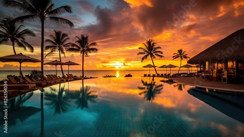 A stunning sunset reflects in the infinity pool of a luxury beachfront resort  exuding peace and elegance