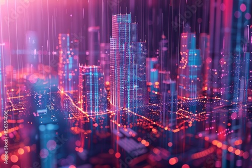 visually sleek stunning 3d city and skyscrapers digital pink neon model of a city. Finance and business  tech startup  data visual representation. Crypto investment.