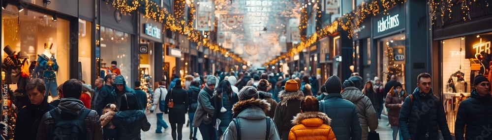 Naklejka premium Buzzing Holiday Shopping Frenzy in Vibrant Urban Marketplace During Festive Season