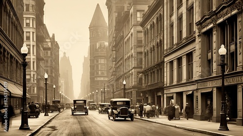 Sepia-toned image of a historical urban scene with classic cars and architecture