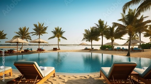 A serene tropical beach resort with a beautiful pool, sun loungers, umbrellas, and tranquil ocean in the background photo