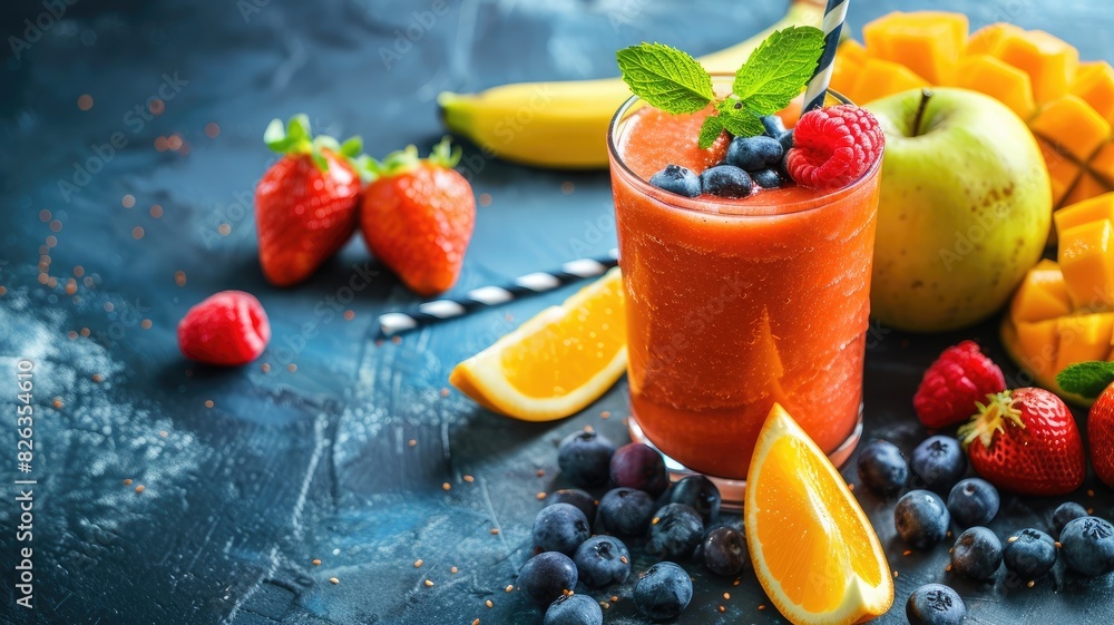 Vibrant fruit smoothie with berries, strawberries, banana, apple slices, and orange wedges Vibrant fruit smoothie with berries, strawberries, banana, apple slices, and orange wedges