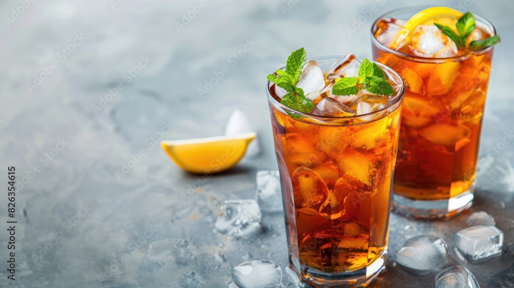 Refreshing iced tea with lemon and mint in glass ice cubes Refreshing iced tea with lemon and mint in glass ice cubes