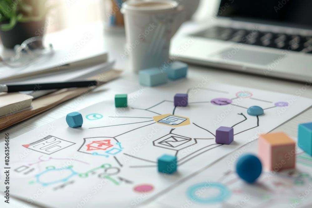 Fototapeta premium flowchart mapping out business process and strategy at desk near coffee cup and computer